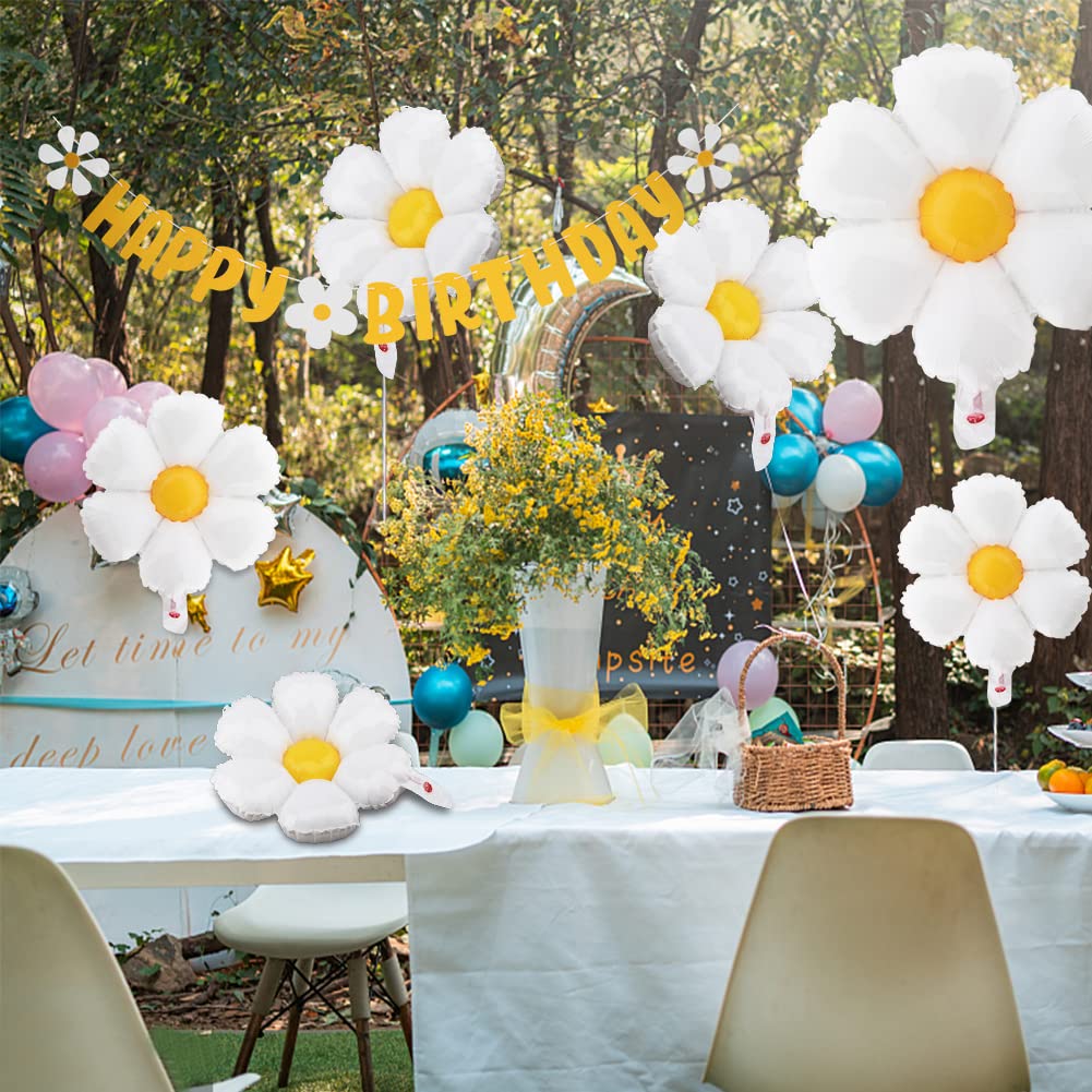 10pcs set Daisy Balloons, Shower Decoration Banners,Happy Birthday Decorations Felt Bunting for Girls Boys Birthday Party Supplies(Yellow+White)