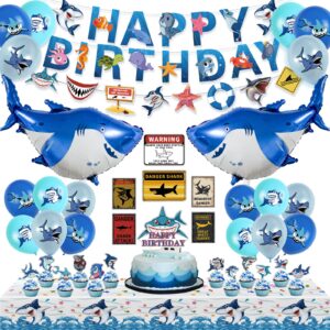 shark birthday decorations, ocean shark party decorations include shark balloons, happy birthday banners, cupcake & cake toppers, shark signs and tablecloth for boys girls ocean theme shark party
