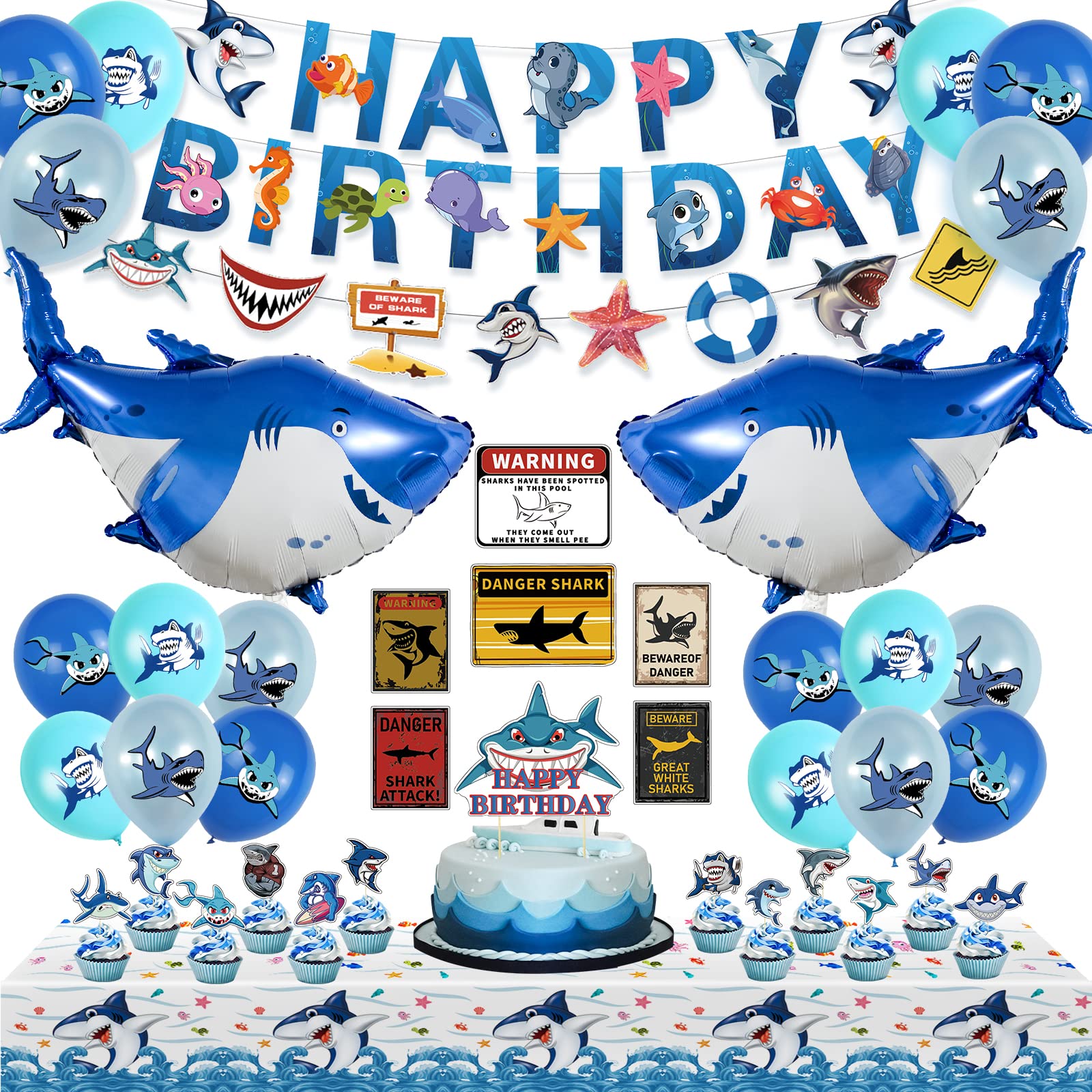 Shark Birthday Decorations, Ocean Shark Party Decorations Include Shark Balloons, Happy Birthday Banners, Cupcake & Cake Toppers, Shark Signs and Tablecloth for Boys Girls Ocean Theme Shark Party