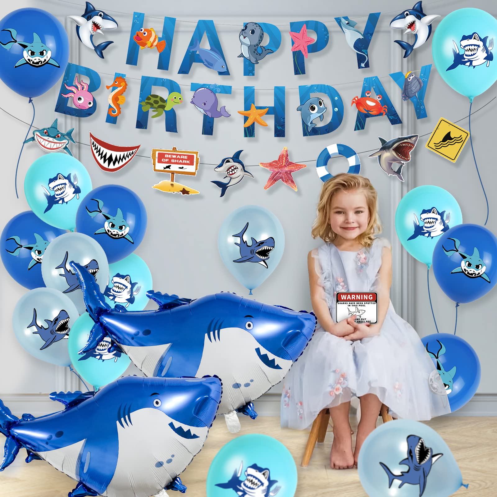 Shark Birthday Decorations, Ocean Shark Party Decorations Include Shark Balloons, Happy Birthday Banners, Cupcake & Cake Toppers, Shark Signs and Tablecloth for Boys Girls Ocean Theme Shark Party