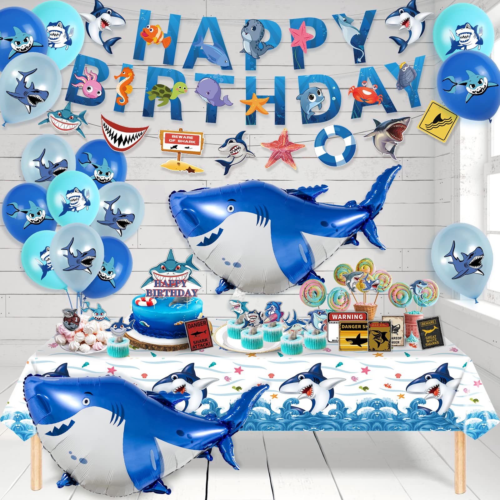 Shark Birthday Decorations, Ocean Shark Party Decorations Include Shark Balloons, Happy Birthday Banners, Cupcake & Cake Toppers, Shark Signs and Tablecloth for Boys Girls Ocean Theme Shark Party