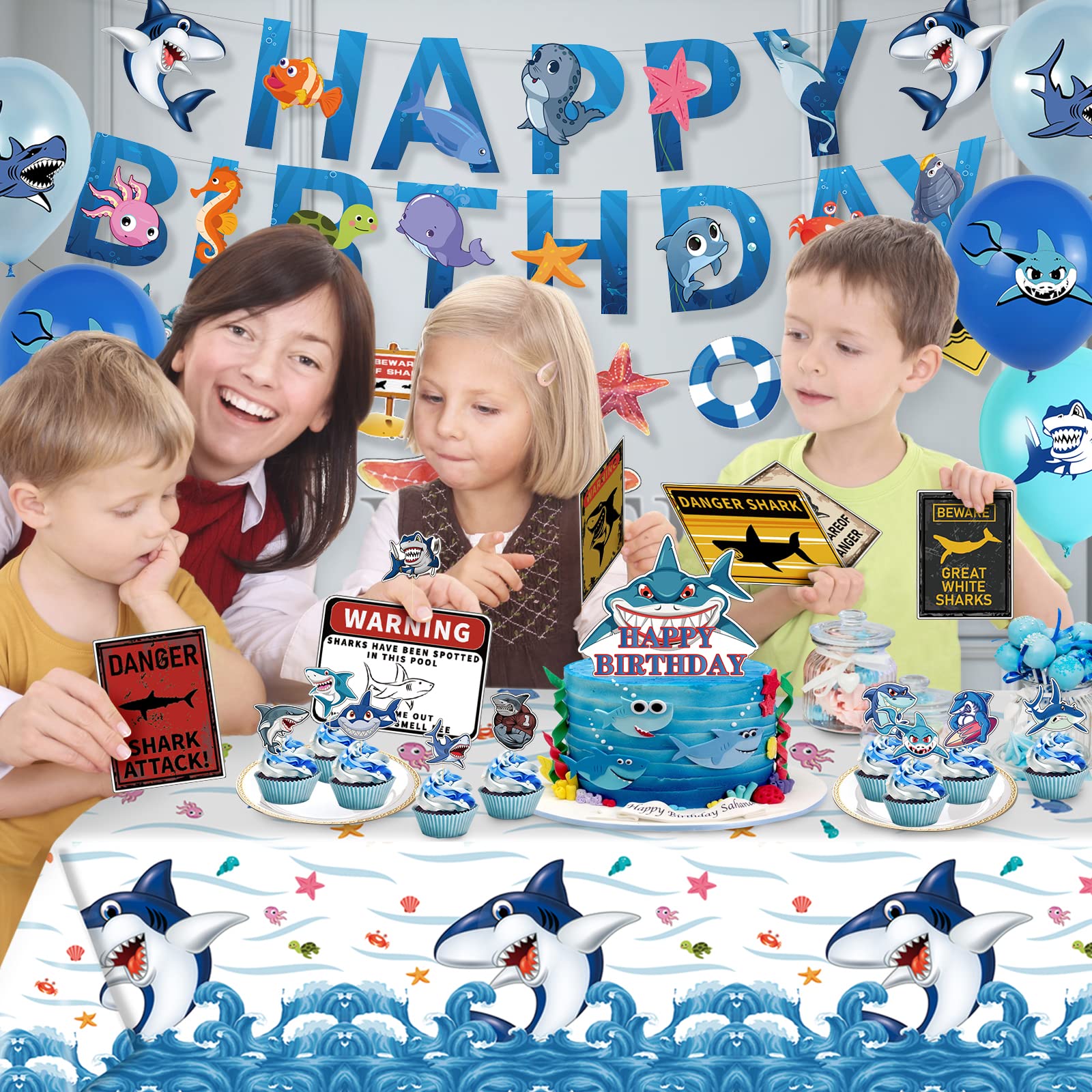 Shark Birthday Decorations, Ocean Shark Party Decorations Include Shark Balloons, Happy Birthday Banners, Cupcake & Cake Toppers, Shark Signs and Tablecloth for Boys Girls Ocean Theme Shark Party