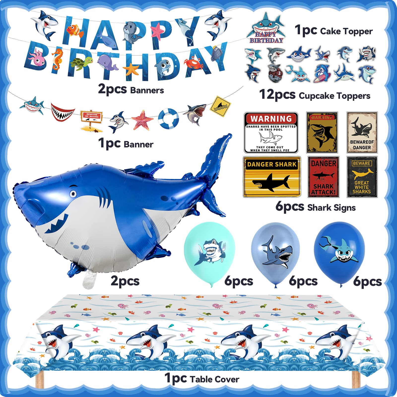 Shark Birthday Decorations, Ocean Shark Party Decorations Include Shark Balloons, Happy Birthday Banners, Cupcake & Cake Toppers, Shark Signs and Tablecloth for Boys Girls Ocean Theme Shark Party