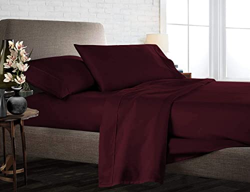 Full Extra Long Size Sheet Set Organic Cotton Sheets & Pillowcases- (4 Pcs) Long Staple Cotton Soft Bed Sheets Elastic Fit Upto 30" inch Deep Mattress-850 TC (Wine Solid, Full XL- 54" X 80")