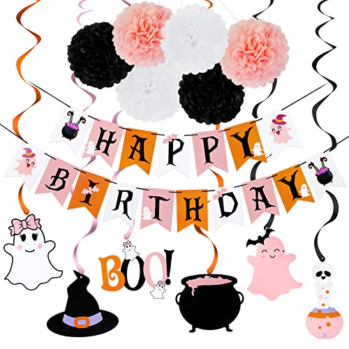 Pink and Black Halloween Happy Birthday Banner and Halloween Birthday Hanging Swirls Happy Birthday Halloween Banner for Pink Girls Halloween Birthday Party Supplies