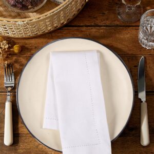 Palisa Cloth Dinner Napkins with Hemstitched Detailing & Mitered Corners Set of 4 (18x18 Inches) White - Cotton Reusable Dinner Napkins - Perfect for Weddings & Everyday Use