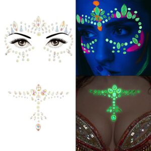 2 pack halloween glow in the dark face jewels crystal glitter stickers, luminous tattoo face day of the dead face gems jewels tattoos
