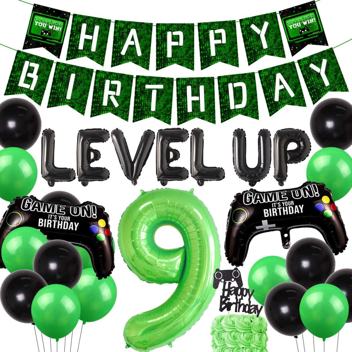 Video Game 9th Birthday Party Decoration for Boys Game on Gaming Theme Party Supplies Game Controller Level Up 9 Balloon Happy Birthday Banner Cake Topper