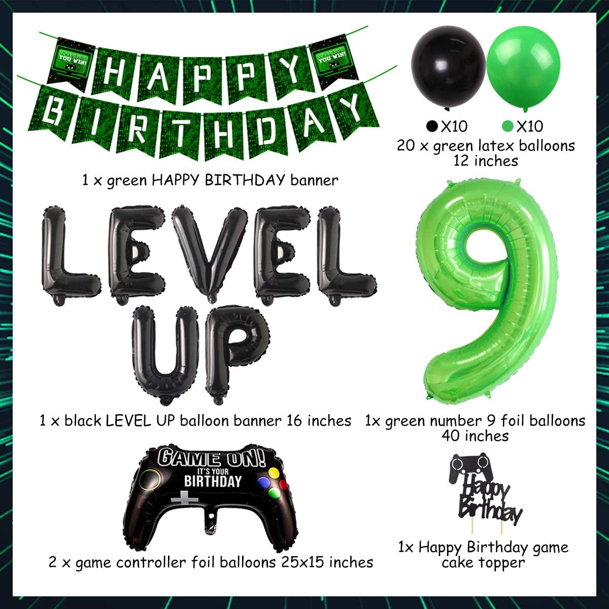 Video Game 9th Birthday Party Decoration for Boys Game on Gaming Theme Party Supplies Game Controller Level Up 9 Balloon Happy Birthday Banner Cake Topper