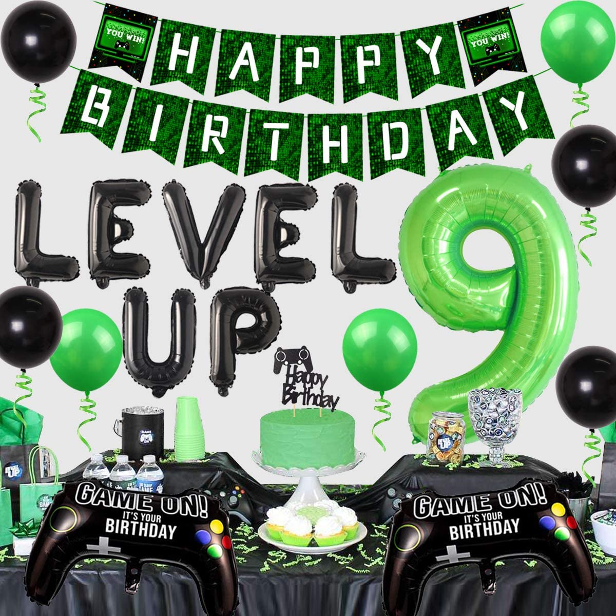 Video Game 9th Birthday Party Decoration for Boys Game on Gaming Theme Party Supplies Game Controller Level Up 9 Balloon Happy Birthday Banner Cake Topper