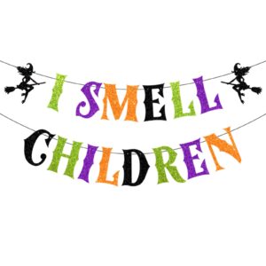 i smell children banner, glittery halloween decorations banners hocus pocus party decorations holiday garland photo props banner for party home decorations (multicolor)