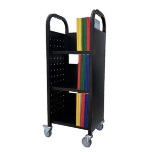 workington single bank rolling book truck book cart with 3 flat shelves, library book cart with swivel lockable casters 3000 black