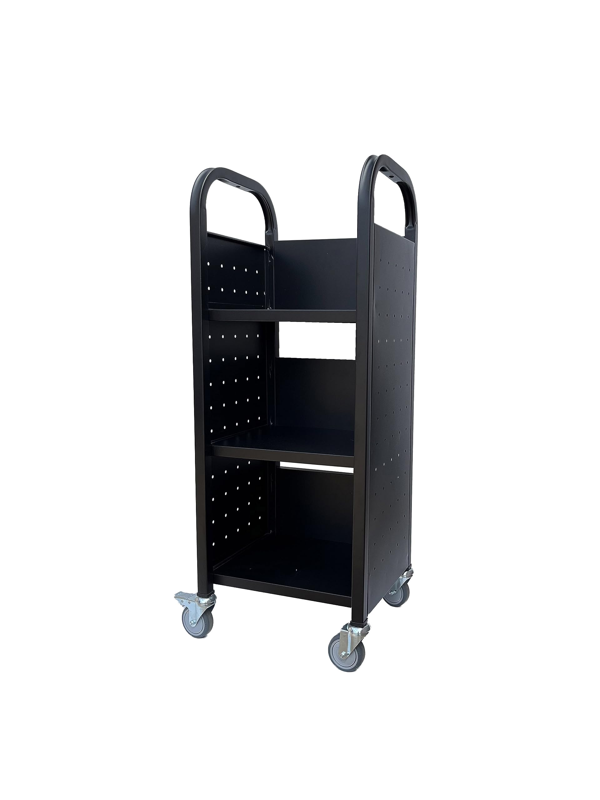 Workington Single Bank Rolling Book Truck Book Cart with 3 Flat Shelves, Library Book Cart with Swivel Lockable Casters 3000 Black