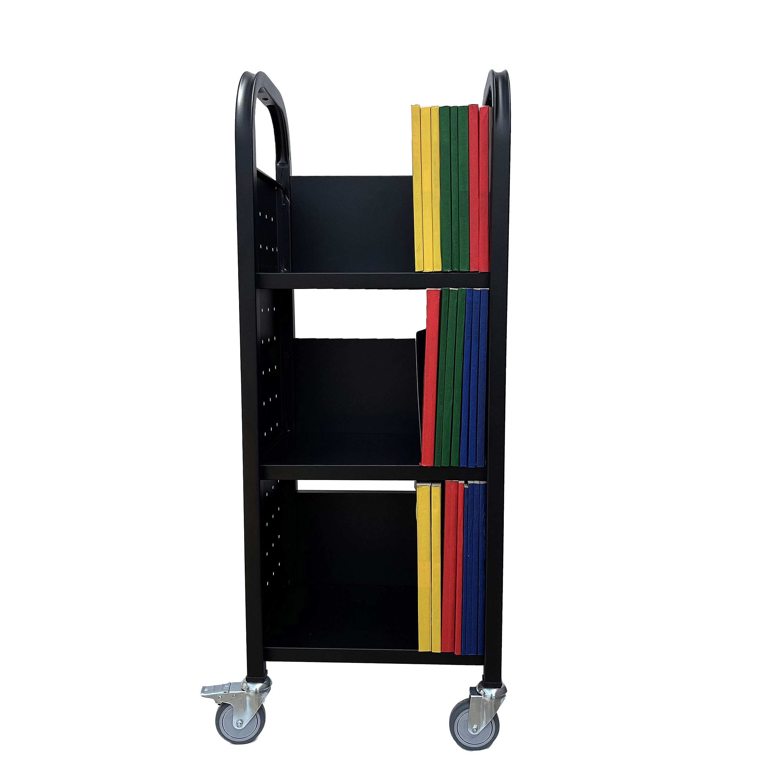 Workington Single Bank Rolling Book Truck Book Cart with 3 Flat Shelves, Library Book Cart with Swivel Lockable Casters 3000 Black