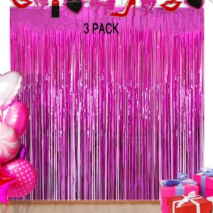 Foil Fringe Curtains - Party Streamers for Barbie Backdrop Barbie Birthday Mean Girls Party Decorations - 3Packs 3.2ft x 8.2ft Fuchsia Metallic Tinsel Backdrop Curtains