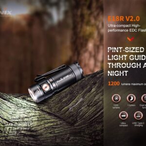 Fenix E18R V2.0 EDC Flashlight, 1200 Lumens USB-C Rechargeable Ultra Compact Pocket Light with Lumentac Organizer