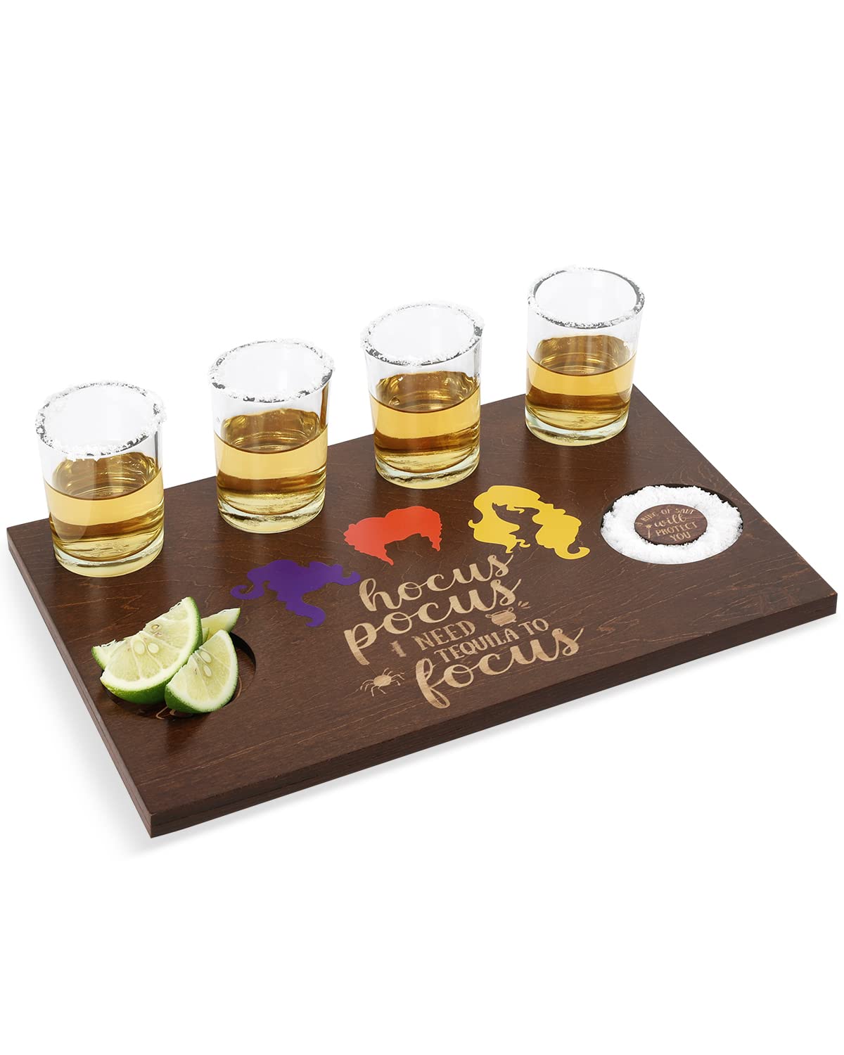 Tequila Shot Board Serving Tray, Zingoetrie Hocus Pocus Shot Glass Holder Display Storage with Salt Rim Bar Wooden Tray for Halloween Witch Liquor Birthday Party Wedding Housewarming Men Women Gifts