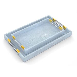 sophinique large ottoman tray, blue, wooden with acrylic handles, faux leather, rectangular, 55.4cm x 35cm x 5.2cm