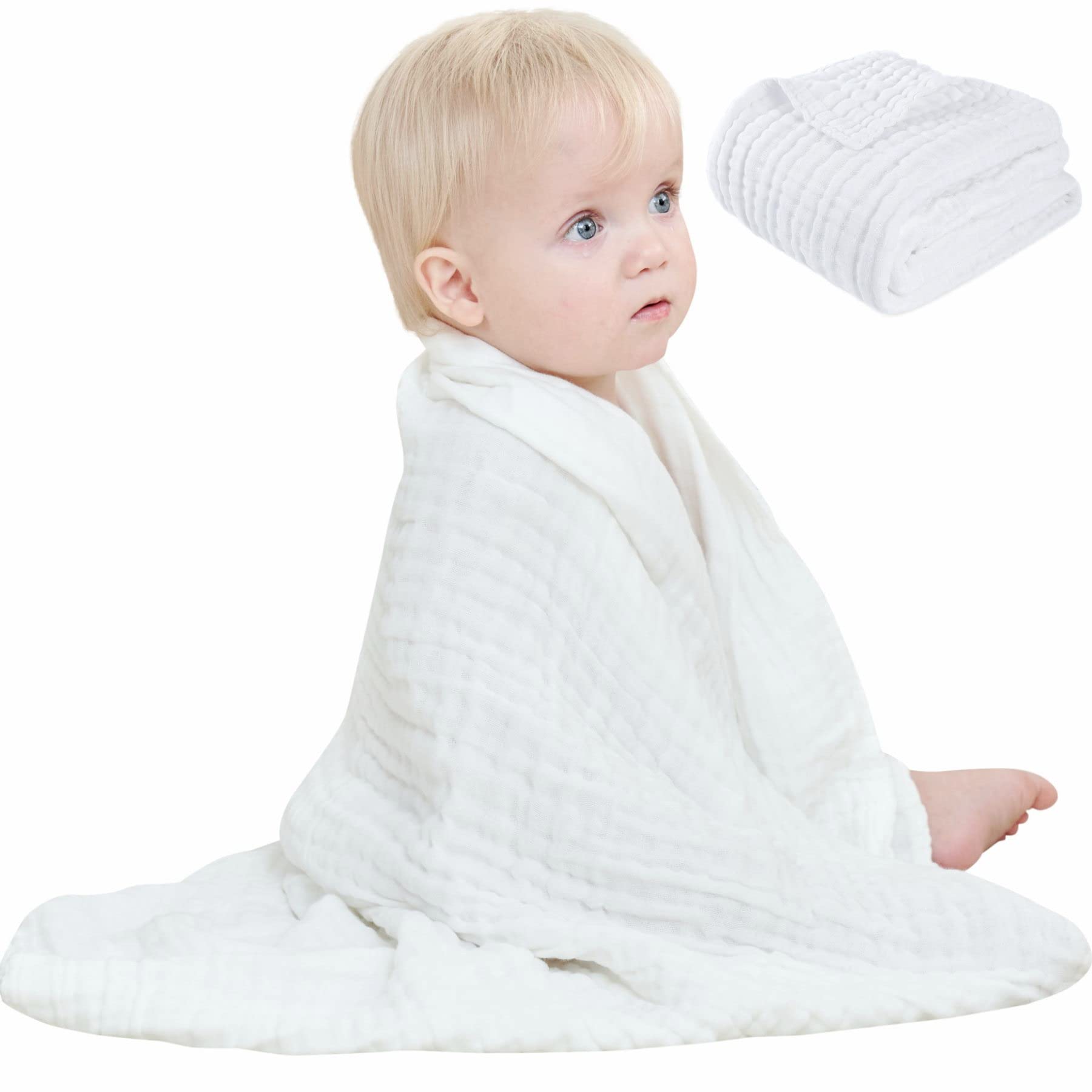 HardNok White Muslin Swaddle Blanket 6 Layer Super Soft Receiving Blanket, Breathable Baby Muslin Blanket for Boys Girls as Shower Gift (1, White 40x40)