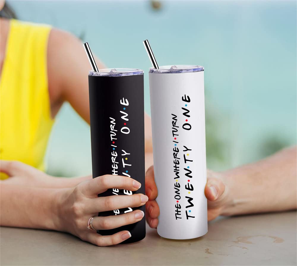 21st Birthday Gifts For Her 21st Birthday Decorations For Her 20 OZ White Skinny Wine Tumbler Turn 21 Travel Cup With Lid Straw Happy 21 Year Old Bday Presents For 2003 Born Women Girls Female