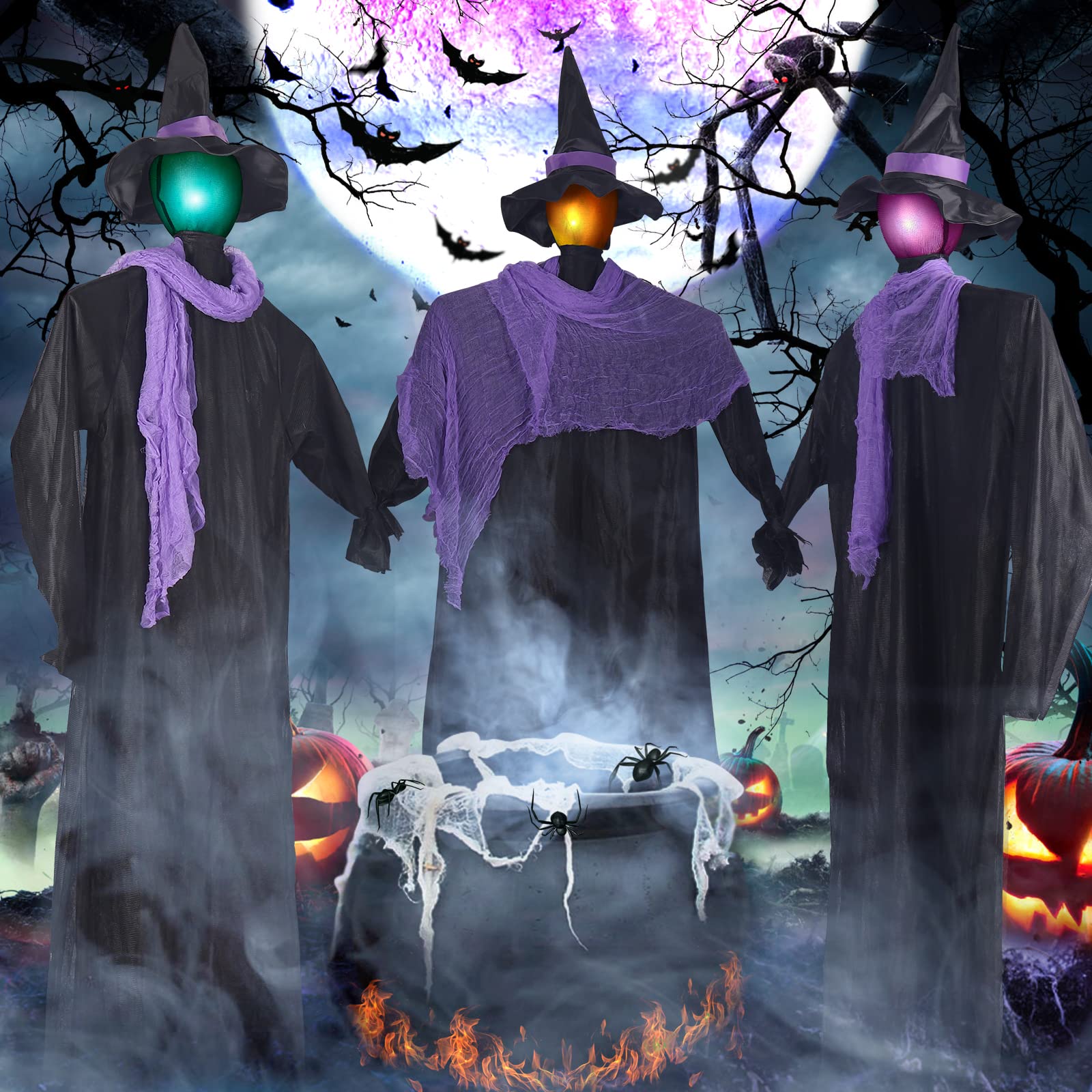 Halloween Decorations Outdoor, 3 Pack 6FT Holding Hands Halloween Witches with Stakes and Color Changing LED Lights, Scary Screaming Voice Control Witch for Outdoor Lawn Yard Home Party Decoration