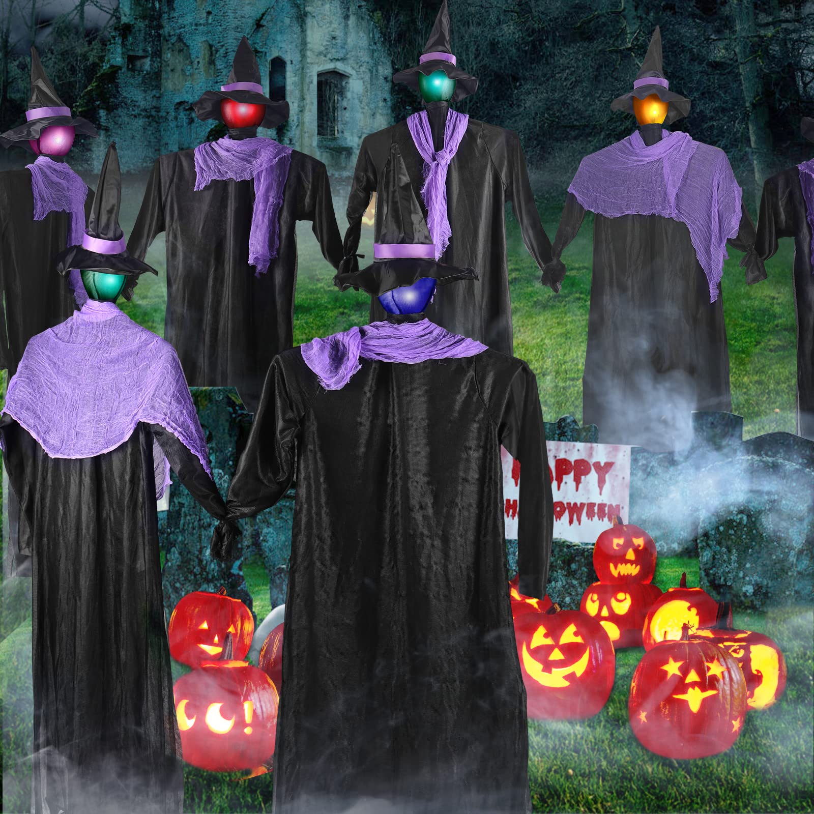 Halloween Decorations Outdoor, 3 Pack 6FT Holding Hands Halloween Witches with Stakes and Color Changing LED Lights, Scary Screaming Voice Control Witch for Outdoor Lawn Yard Home Party Decoration