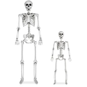 inhotby halloween skeleton life size,2 pack - adult (5.4ft) and child (3ft) full size posable skeleton,plastic skeleton halloween decor,scary halloween party decorations outdoor/indoor