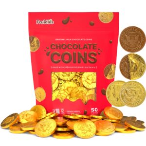 fruidles milk chocolate coins, gold half dollar chocolate coins, made with premium belgian chocolate, nut free, non-gmo, kosher dairy (25-pack)