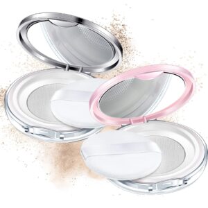 2 pcs loose powder container with puff 0.17/0.7 oz reusable plastic empty powder case portable diy empty makeup powder container loose powder compact case with mirror and net sifter(pink, silver)