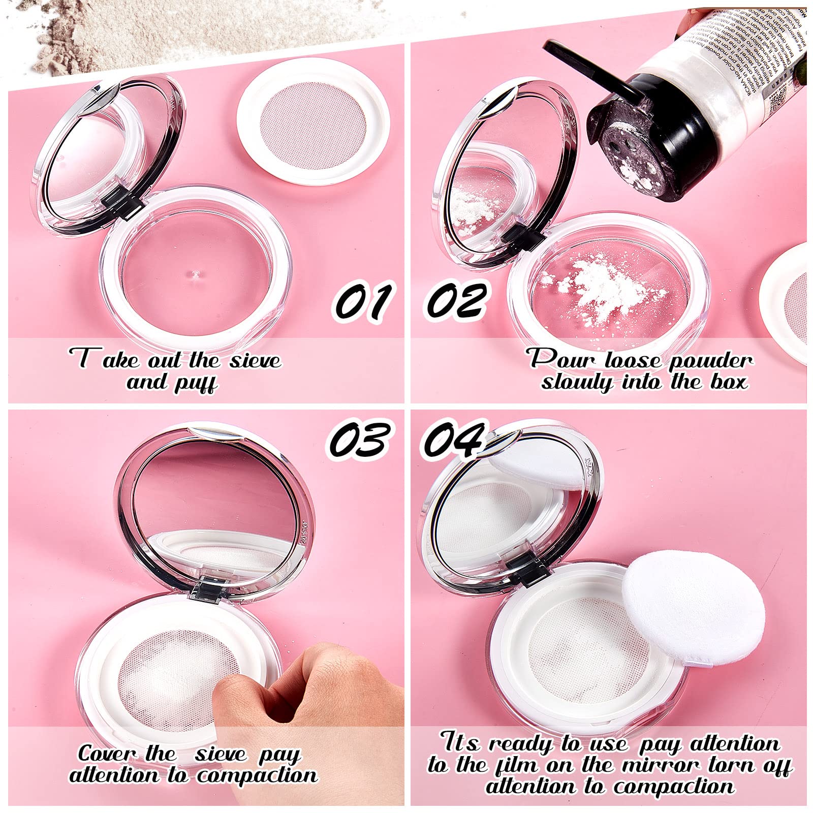 2 Pcs Loose Powder Container with Puff 0.17/0.7 oz Reusable Plastic Empty Powder Case Portable DIY Empty Makeup Powder Container Loose Powder Compact Case with Mirror and Net Sifter(Pink, Silver)