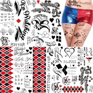 tasroi 5 sheets harley quinn tattoo stickers for women men adults, fake joker harley quinn tattoos suicide squad birds of prey temporary tattoos halloween face makeup, harley quinn costume accessories