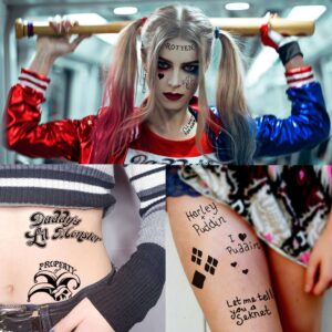 TASROI 5 Sheets Harley Quinn Tattoo Stickers For Women Men Adults, Fake Joker Harley Quinn Tattoos Suicide Squad Birds of Prey Temporary Tattoos Halloween Face Makeup, Harley Quinn Costume Accessories