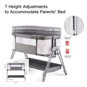 Baby Bassinets,Bedside Sleeper for Baby, Easy Folding Bedside Crib 7 Height Adjustable with All Mesh Baby Bed for Infant Newborn Girl Boy (Light Grey)