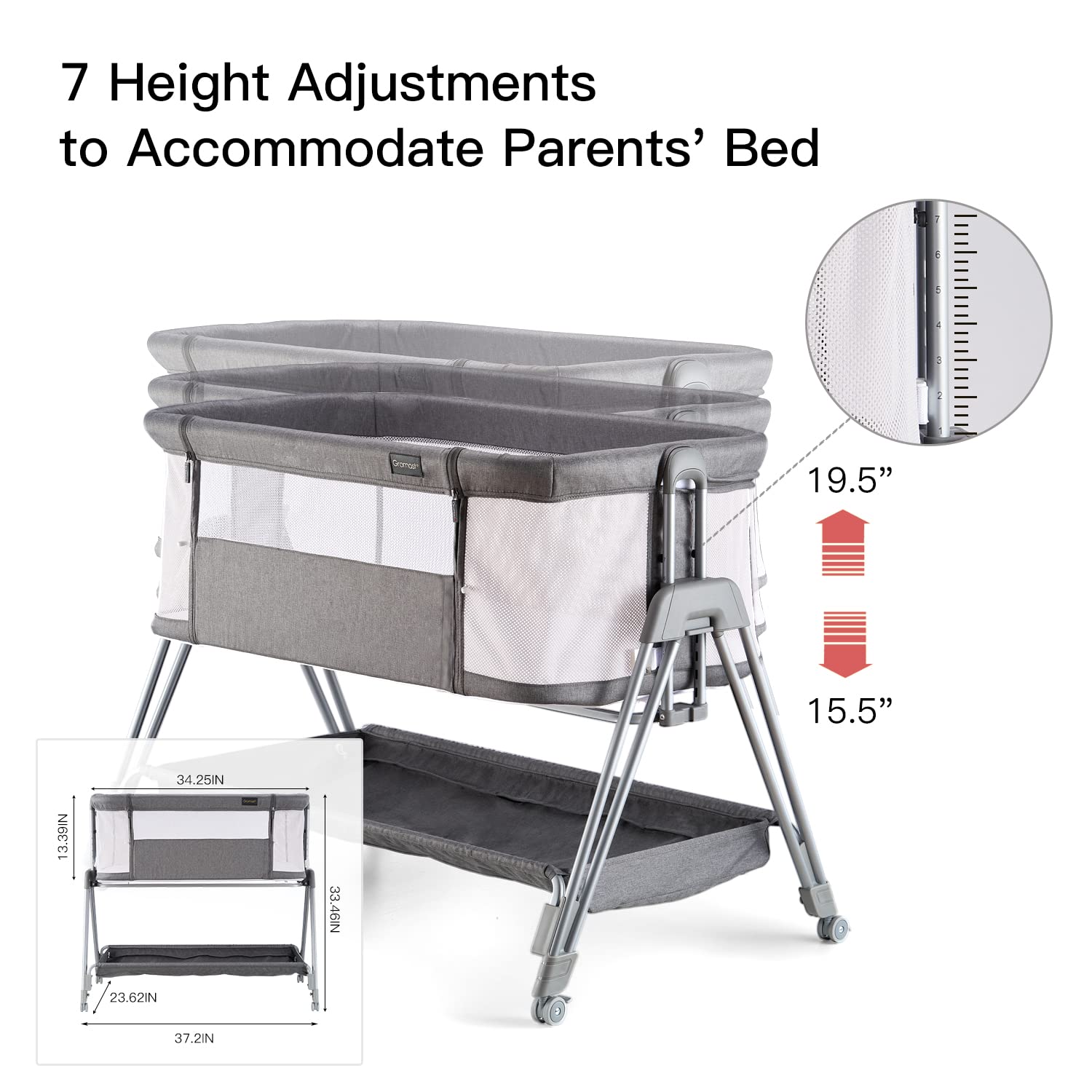 Baby Bassinets,Bedside Sleeper for Baby, Easy Folding Bedside Crib 7 Height Adjustable with All Mesh Baby Bed for Infant Newborn Girl Boy (Light Grey)
