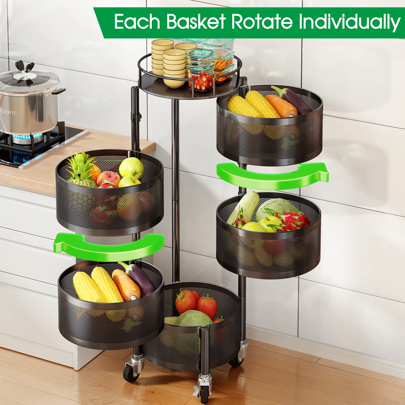 PXRACK Fruit Basket for Kitchen, 5 Tier Circular Rotating Basket Large Storage Rack with Wheels, Fruit and Vegetable Metal Wire Shelf with Top Lid for Living Room, Office, Black