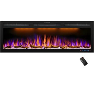 dreamflame modern electric fireplace 50inch, recessed & wall mounted fireplace electric, realistic flame effect and heat up fast with low noise, thermostat& timer, 750w/1500w, black