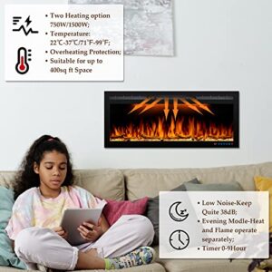 Dreamflame Modern Electric Fireplace 50inch, Recessed & Wall Mounted Fireplace Electric, Realistic Flame Effect and Heat Up Fast with Low Noise, Thermostat& Timer, 750W/1500W, Black