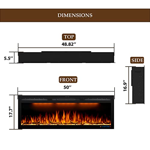 Dreamflame Modern Electric Fireplace 50inch, Recessed & Wall Mounted Fireplace Electric, Realistic Flame Effect and Heat Up Fast with Low Noise, Thermostat& Timer, 750W/1500W, Black