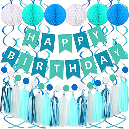 Blue Birthday Party Decorations, Blue Happy Birthday Banner for Kids Birthday Decorations, Blue Tissue Paper Tassels Garland Honeycomb Balls Swirls Streamers for Boys Girls Family Birthday Decorations