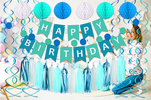 Blue Birthday Party Decorations, Blue Happy Birthday Banner for Kids Birthday Decorations, Blue Tissue Paper Tassels Garland Honeycomb Balls Swirls Streamers for Boys Girls Family Birthday Decorations