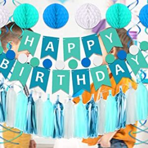 Blue Birthday Party Decorations, Blue Happy Birthday Banner for Kids Birthday Decorations, Blue Tissue Paper Tassels Garland Honeycomb Balls Swirls Streamers for Boys Girls Family Birthday Decorations