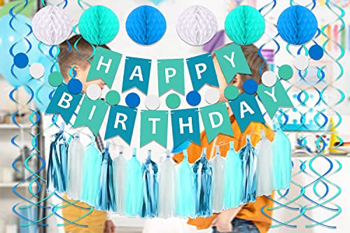 Blue Birthday Party Decorations, Blue Happy Birthday Banner for Kids Birthday Decorations, Blue Tissue Paper Tassels Garland Honeycomb Balls Swirls Streamers for Boys Girls Family Birthday Decorations