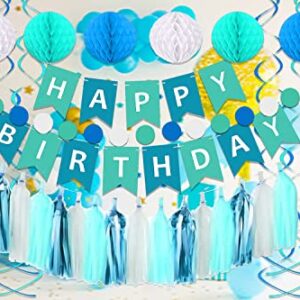 Blue Birthday Party Decorations, Blue Happy Birthday Banner for Kids Birthday Decorations, Blue Tissue Paper Tassels Garland Honeycomb Balls Swirls Streamers for Boys Girls Family Birthday Decorations