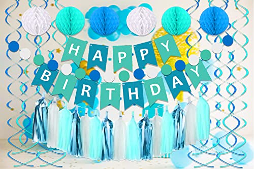 Blue Birthday Party Decorations, Blue Happy Birthday Banner for Kids Birthday Decorations, Blue Tissue Paper Tassels Garland Honeycomb Balls Swirls Streamers for Boys Girls Family Birthday Decorations