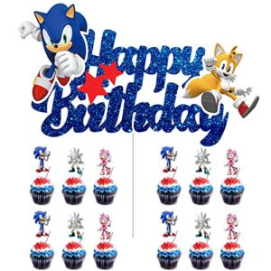 sonic happy birthday cake toppers, hedgehog birthday party cake decorations supplies for boys, kids, 13pcs