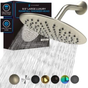 sparkpod 9.5 inch large rain shower head - luxury rainfall shower head - high pressure showerhead, full body coverage with anti-clog silicone nozzles -no hassle, easy install (1/2 npt, brushed nickel)