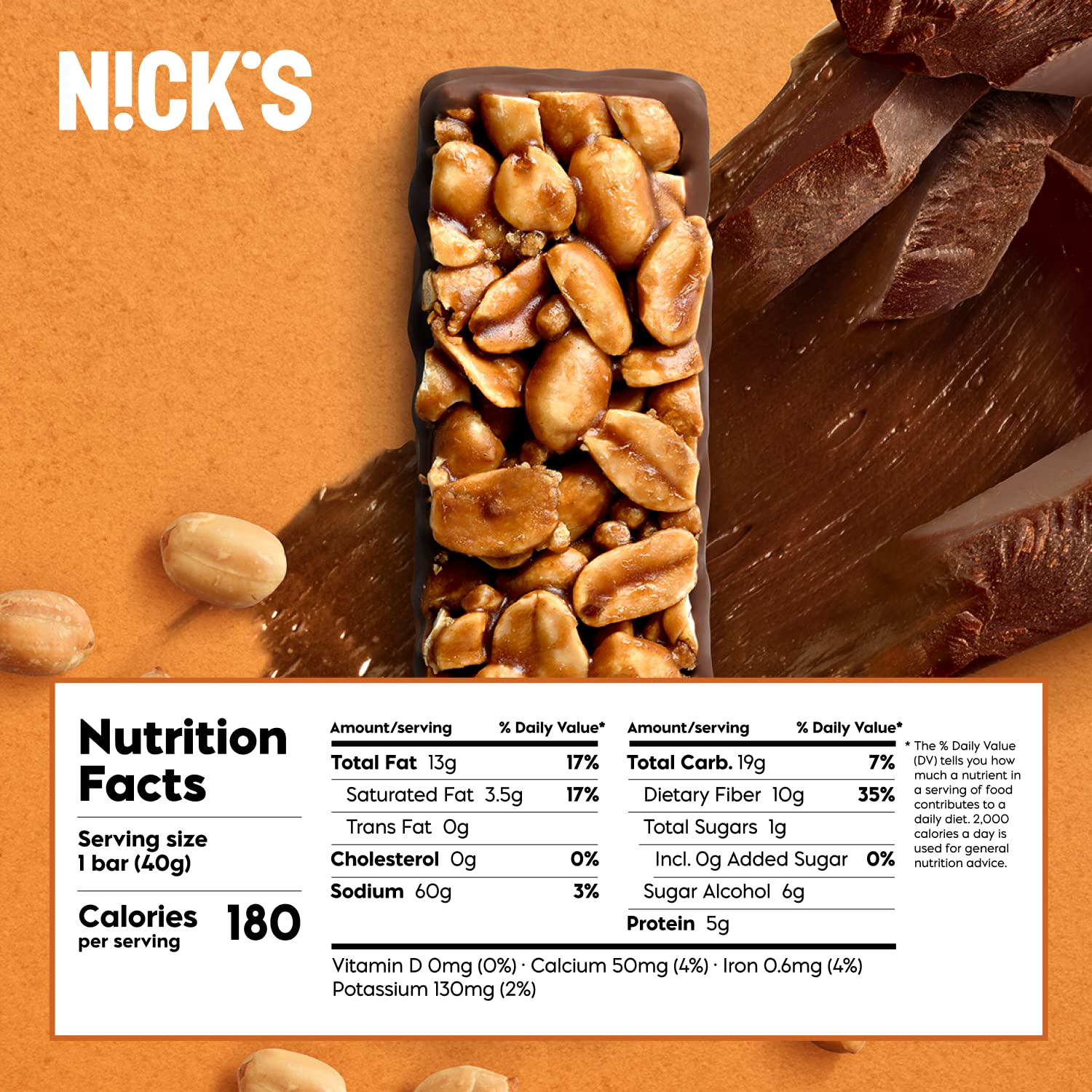 NICK'S Peanut Chocolate Snack Bar, Keto Nut Snack for Sports, Hiking & Outdoor Activities, 1G sugar, 3G net carbs, healthy snack, (pack of 12)