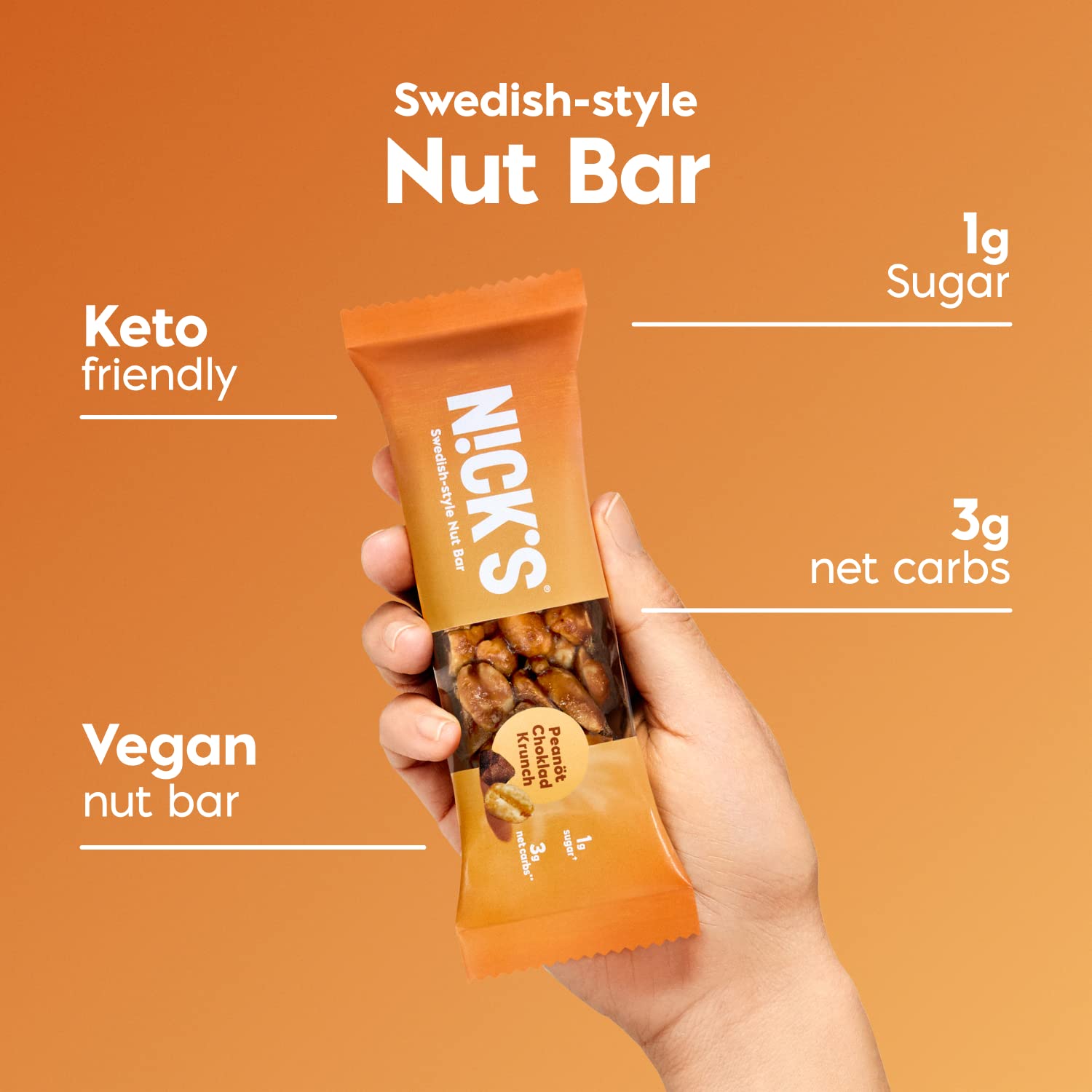 NICK'S Peanut Chocolate Snack Bar, Keto Nut Snack for Sports, Hiking & Outdoor Activities, 1G sugar, 3G net carbs, healthy snack, (pack of 12)