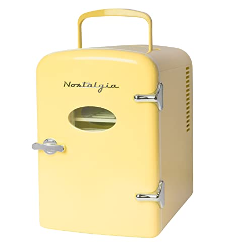 Nostalgia Retro 6-Can Personal Cooling and Heating Mini Refrigerator with Eraser Board Door Carry Handle and Display Window for Home, Office, Car, Boat or Dorm Room, Yellow, 1 cubic feet