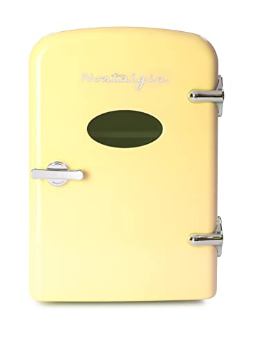 Nostalgia Retro 6-Can Personal Cooling and Heating Mini Refrigerator with Eraser Board Door Carry Handle and Display Window for Home, Office, Car, Boat or Dorm Room, Yellow, 1 cubic feet